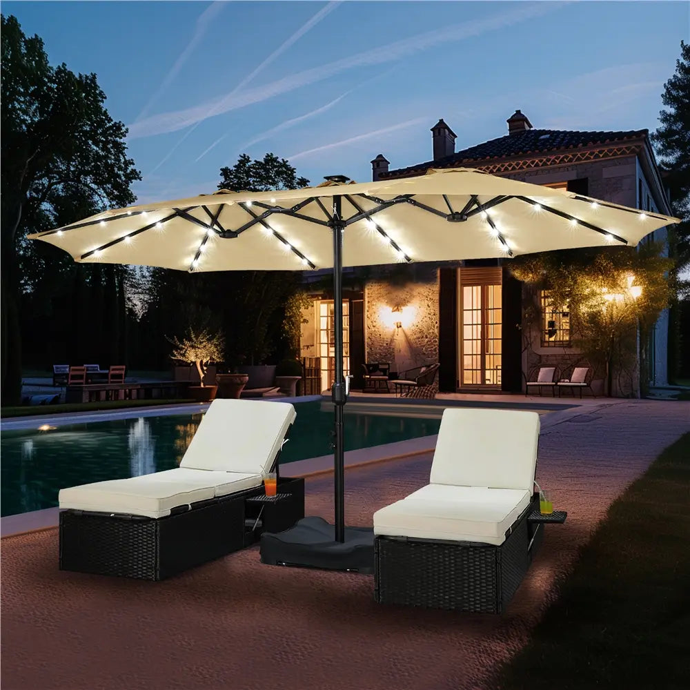 13/15ft Double-Sided Patio Umbrella with 36 LED Lights, Crank and Base for Garden, Backyard and Pool