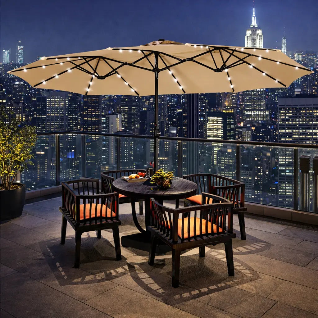13/15ft Double-Sided Patio Umbrella with 36 LED Lights, Crank and Base for Garden, Backyard and Pool