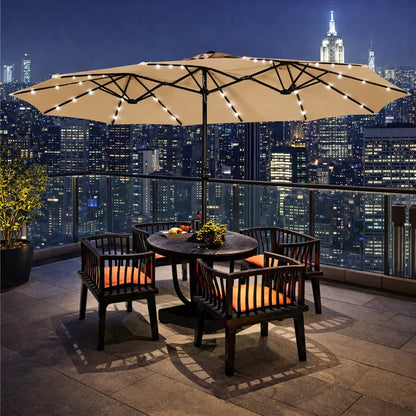 13/15ft Double-Sided Patio Umbrella with 36 LED Lights, Crank and Base for Garden, Backyard and Pool
