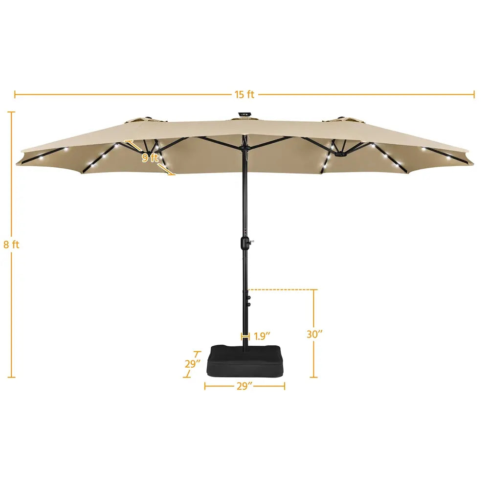 13/15ft Double-Sided Patio Umbrella with 36 LED Lights, Crank and Base for Garden, Backyard and Pool