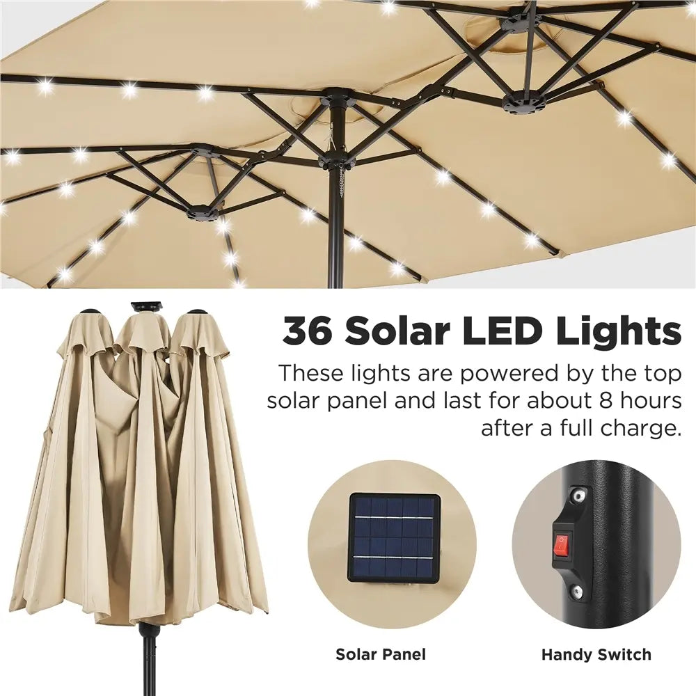 13/15ft Double-Sided Patio Umbrella with 36 LED Lights, Crank and Base for Garden, Backyard and Pool