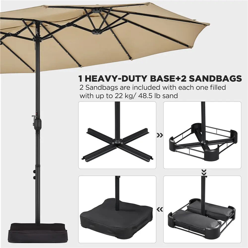 13/15ft Double-Sided Patio Umbrella with 36 LED Lights, Crank and Base for Garden, Backyard and Pool