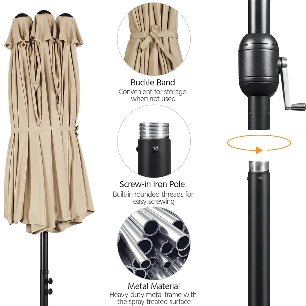 13/15ft Double-Sided Patio Umbrella with 36 LED Lights, Crank and Base for Garden, Backyard and Pool