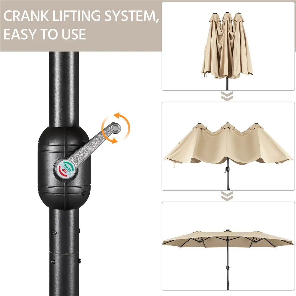 13/15ft Double-Sided Patio Umbrella with 36 LED Lights, Crank and Base for Garden, Backyard and Pool