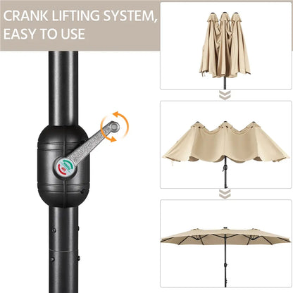 13/15ft Double-Sided Patio Umbrella with 36 LED Lights, Crank and Base for Garden, Backyard and Pool
