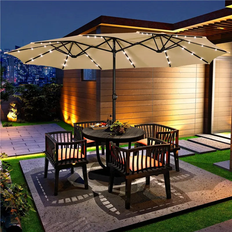 13/15ft Double-Sided Patio Umbrella with 36 LED Lights, Crank and Base for Garden, Backyard and Pool