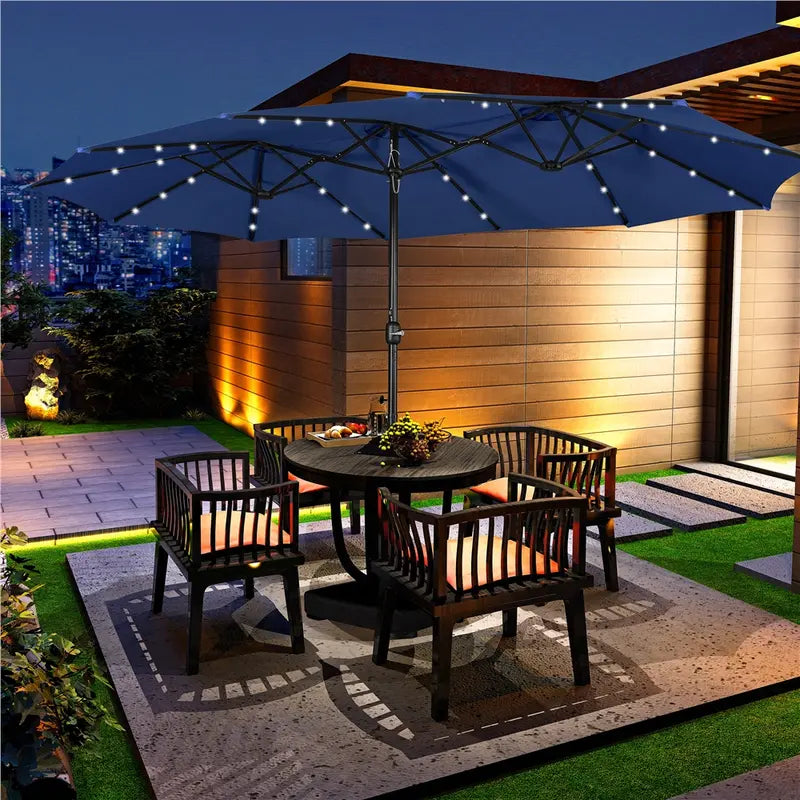 13/15ft Double-Sided Patio Umbrella with 36 LED Lights, Crank and Base for Garden, Backyard and Pool