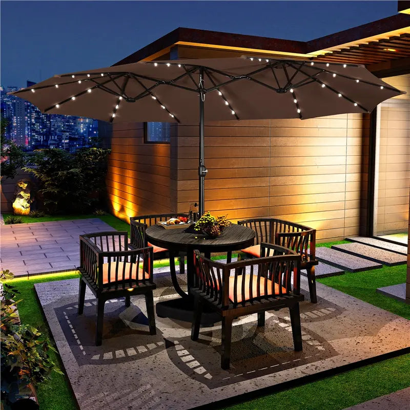 13/15ft Double-Sided Patio Umbrella with 36 LED Lights, Crank and Base for Garden, Backyard and Pool