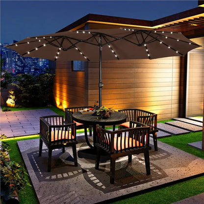 13/15ft Double-Sided Patio Umbrella with 36 LED Lights, Crank and Base for Garden, Backyard and Pool