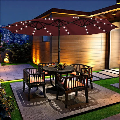 13/15ft Double-Sided Patio Umbrella with 36 LED Lights, Crank and Base for Garden, Backyard and Pool