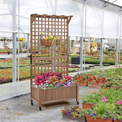 75/50" H Horticulture Garden Planter with Trellis for Vine Climbing Plants Garden Box Outdoor w/Drainage Holes Raised Garden Bed Garden Planter Box for Flowers
